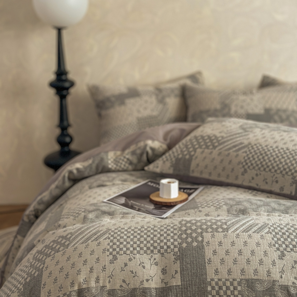 91家纺网 家纺一手货源 找家纺 田野 2026新款全棉水洗提花三层纱四件套 浮光 米灰