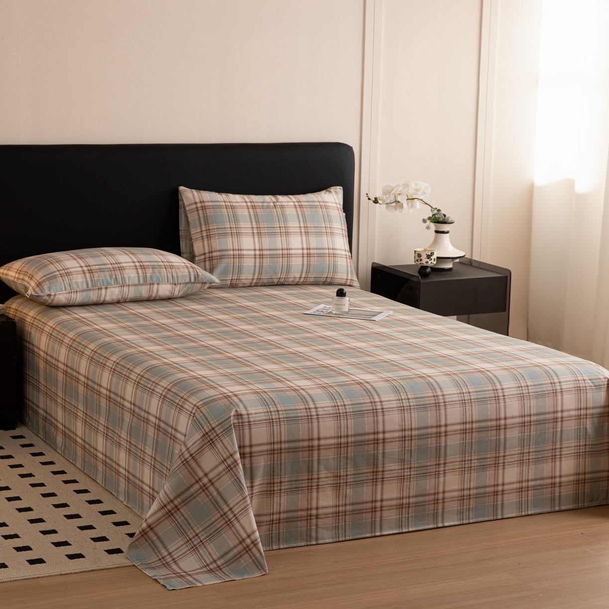 91家纺网 家纺一手货源 找家纺 女子家纺 2026新款40支13070全棉纯棉简约格子A版单床单床单单件 英伦-蓝咖