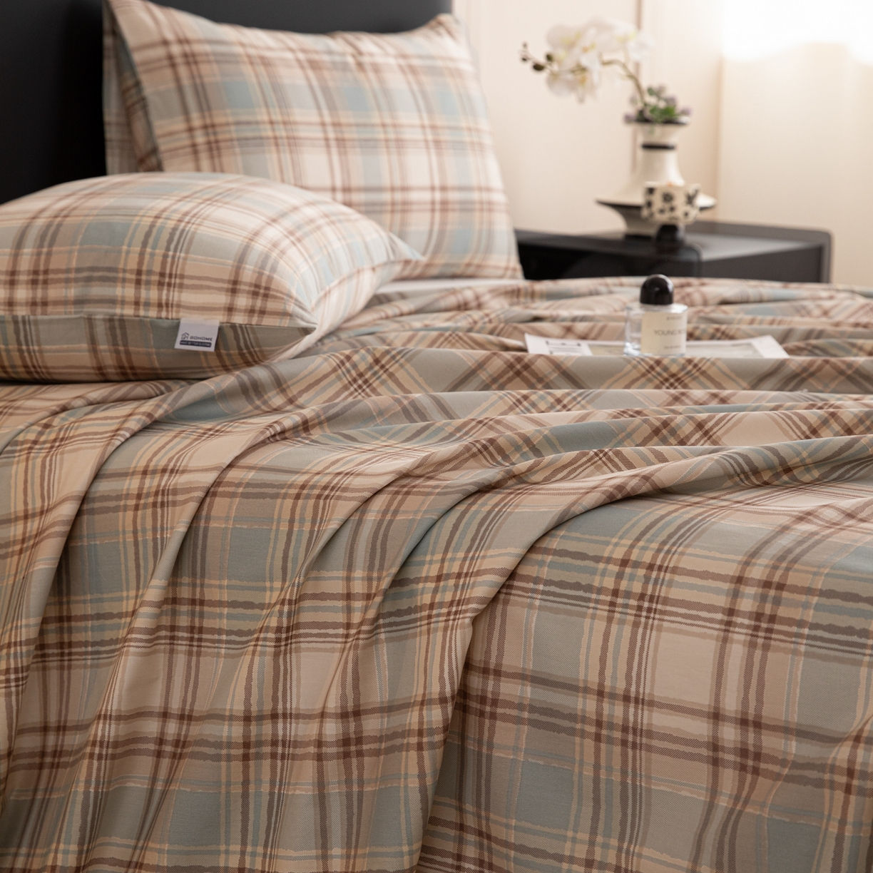 91家纺网 家纺一手货源 找家纺 女子家纺 2026新款40支13070全棉纯棉简约格子A版单床单床单单件 英伦-蓝咖