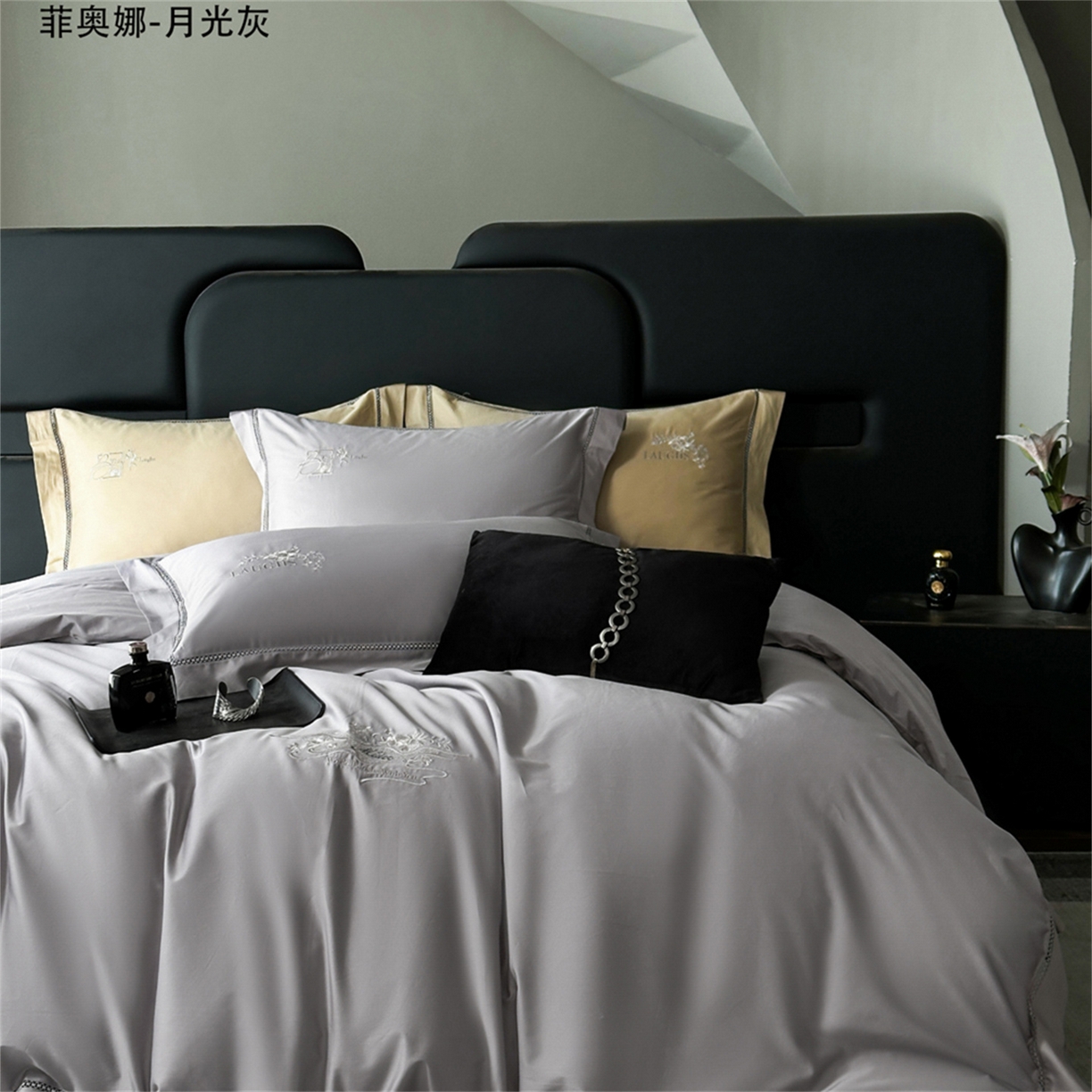 91家纺网 家纺一手货源 找家纺 （总）芯丝路家纺 2026春夏新款初棉纯色绣花四件套(宽边嵌线工艺款）-菲奥娜