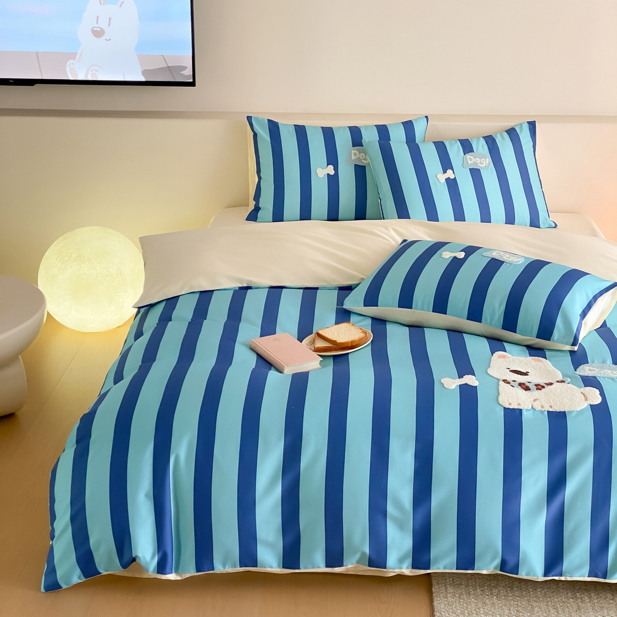 91家纺网 家纺一手货源 找家纺 如一 2026新款50S数码全棉长绒棉纯棉毛巾绣四件套 条纹狗