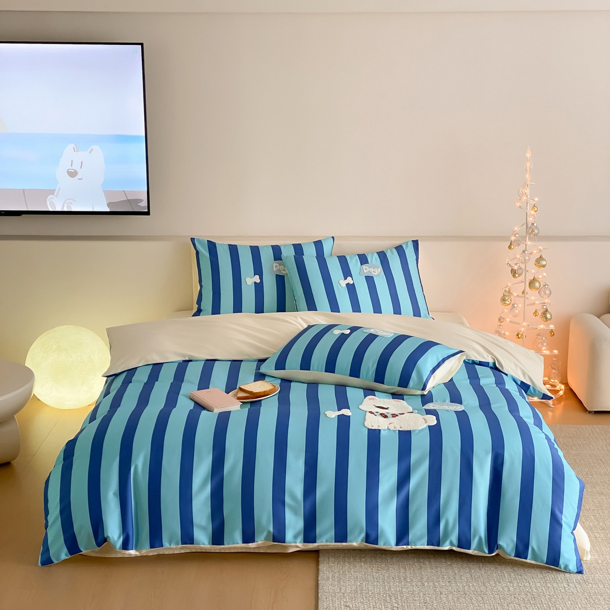 91家纺网 家纺一手货源 找家纺 如一 2026新款50S数码全棉长绒棉纯棉毛巾绣四件套 条纹狗