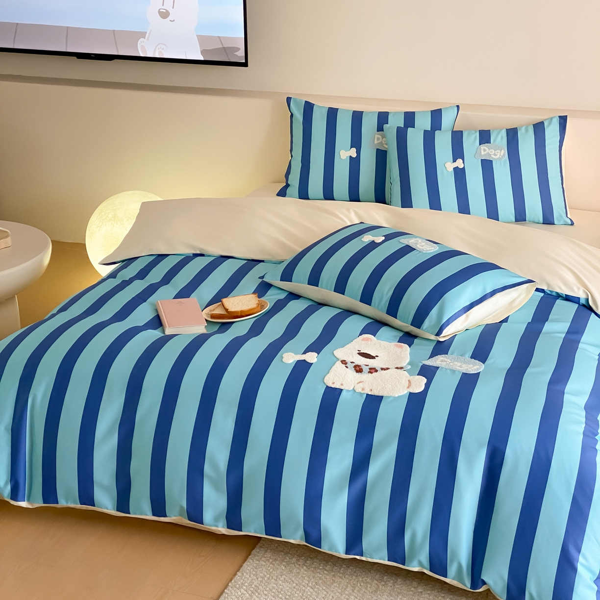 91家纺网 家纺一手货源 找家纺 如一 2026新款50S数码全棉长绒棉纯棉毛巾绣四件套 条纹狗