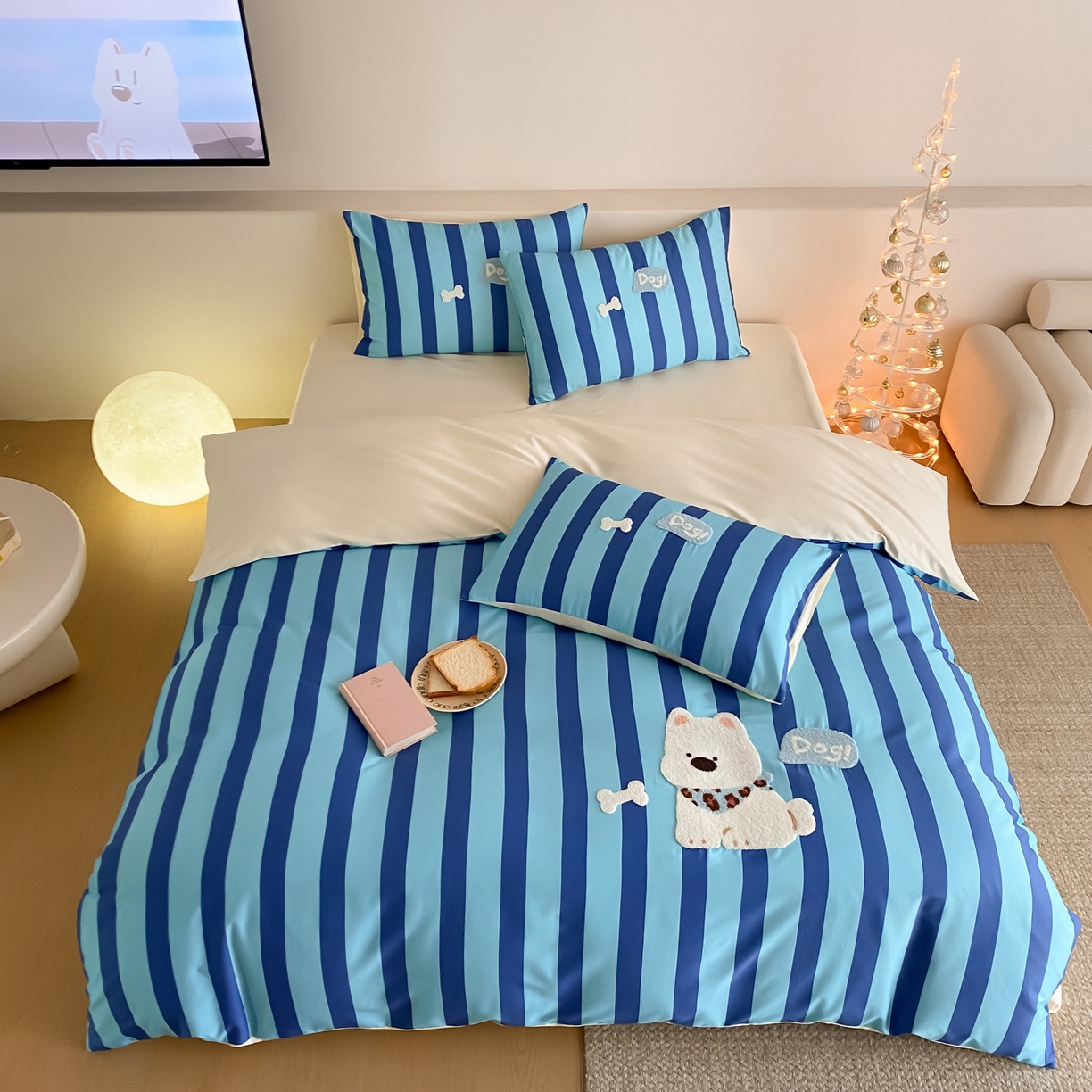 91家纺网 家纺一手货源 找家纺 如一 2026新款50S数码全棉长绒棉纯棉毛巾绣四件套 条纹狗