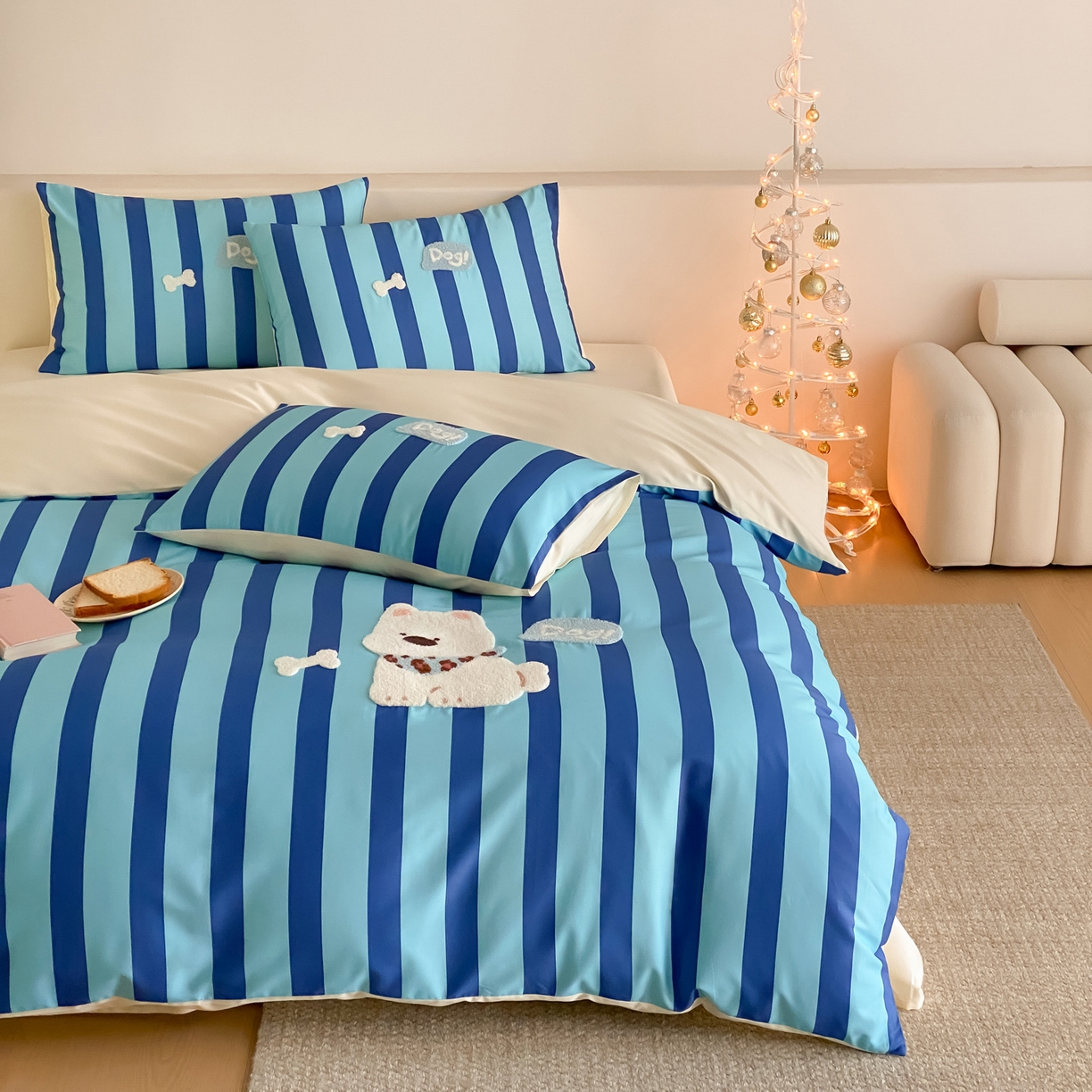 91家纺网 家纺一手货源 找家纺 如一 2026新款50S数码全棉长绒棉纯棉毛巾绣四件套 条纹狗