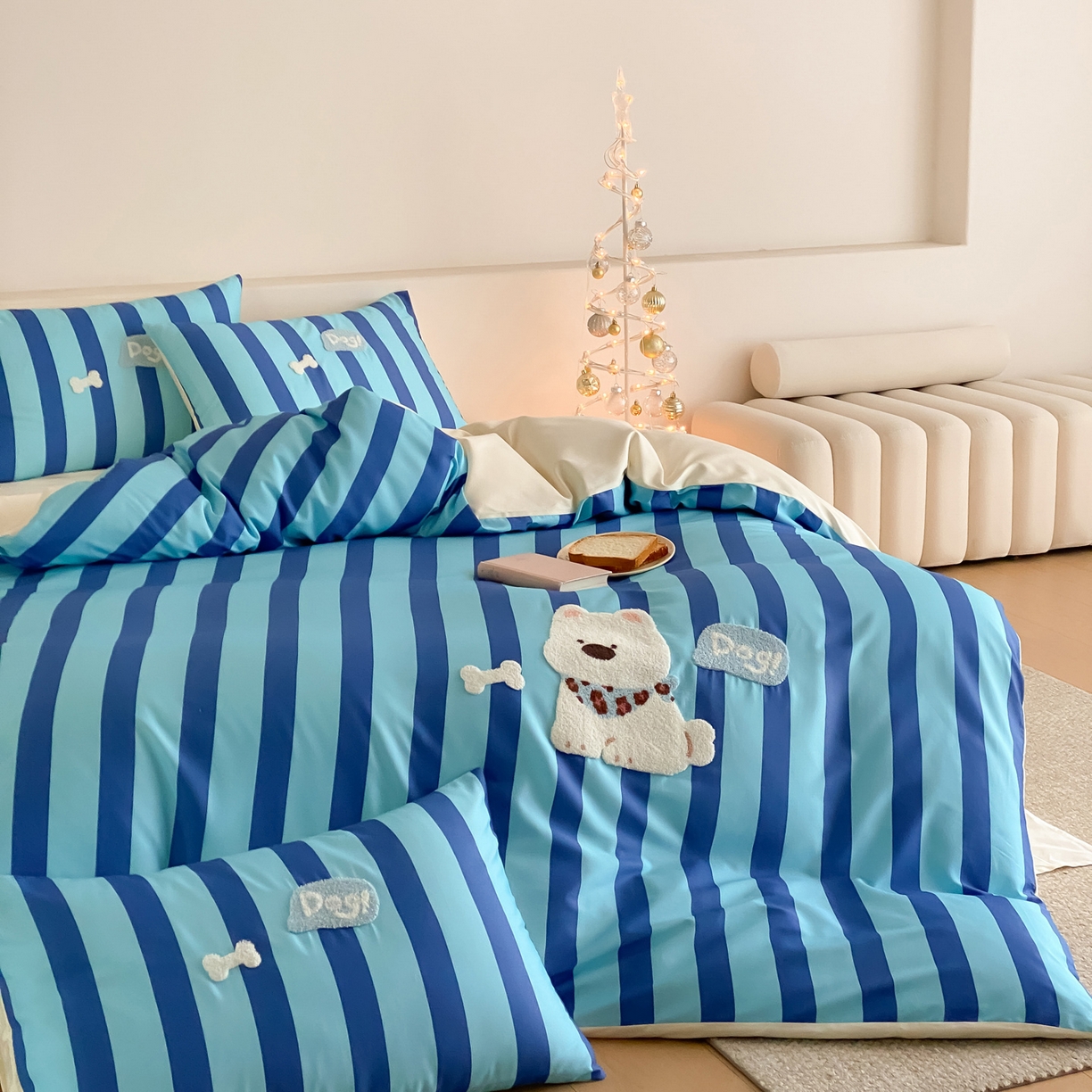 91家纺网 家纺一手货源 找家纺 如一 2026新款50S数码全棉长绒棉纯棉毛巾绣四件套 条纹狗