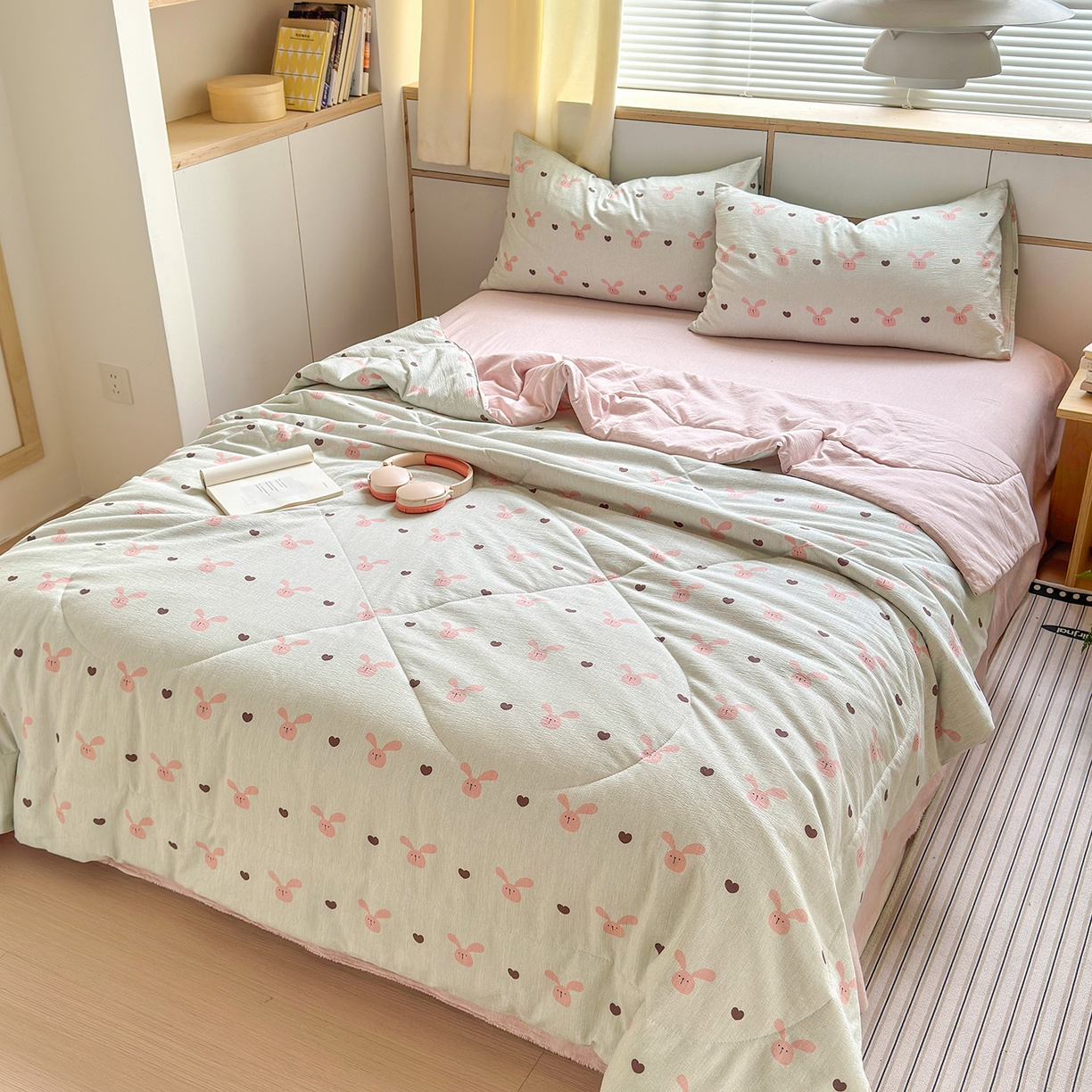 91家纺网 家纺一手货源 找家纺 老帅的工厂店 2026新款A类大豆色织提花夏被 兔心印