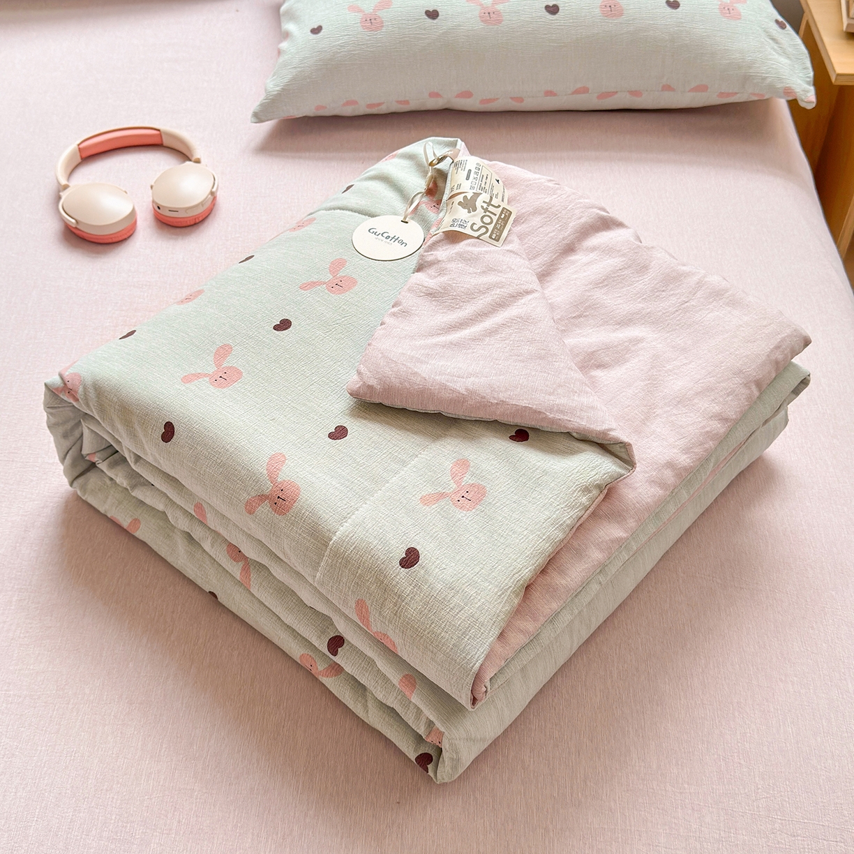 老帅的工厂店 2026新款A类大豆色织提花夏被 兔心印