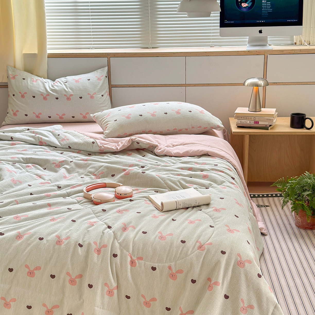 91家纺网 家纺一手货源 找家纺 老帅的工厂店 2026新款A类大豆色织提花夏被 兔心印