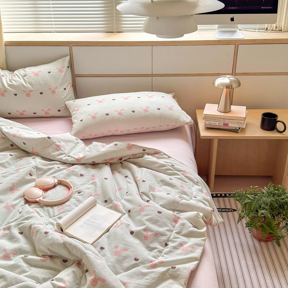 91家纺网 家纺一手货源 找家纺 老帅的工厂店 2026新款A类大豆色织提花夏被 兔心印