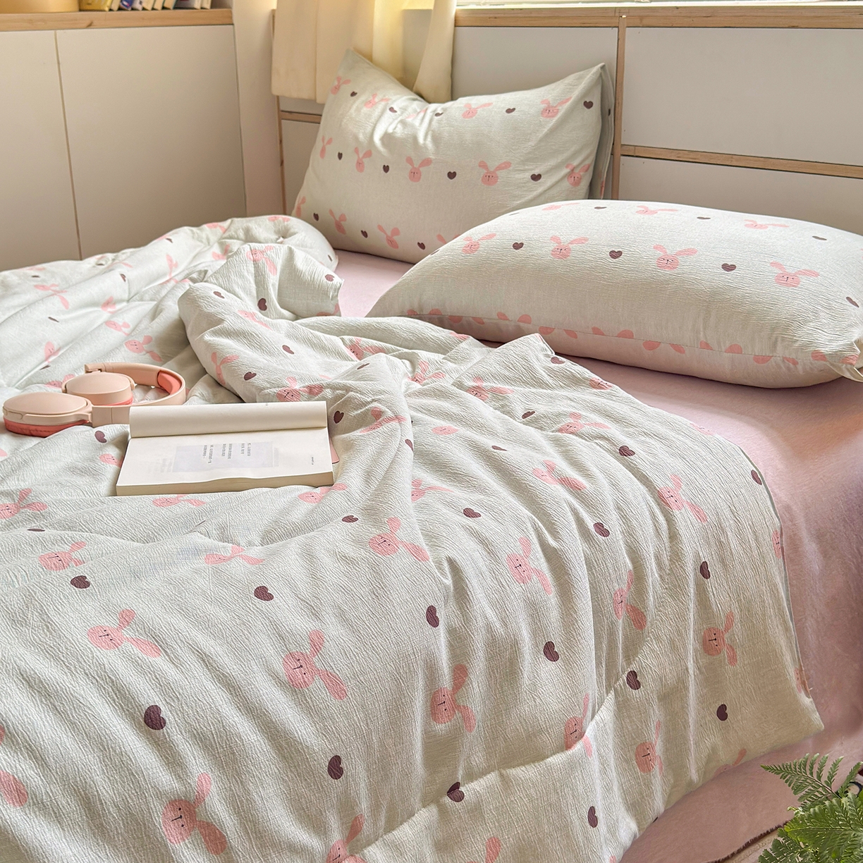 91家纺网 家纺一手货源 找家纺 老帅的工厂店 2026新款A类大豆色织提花夏被 兔心印