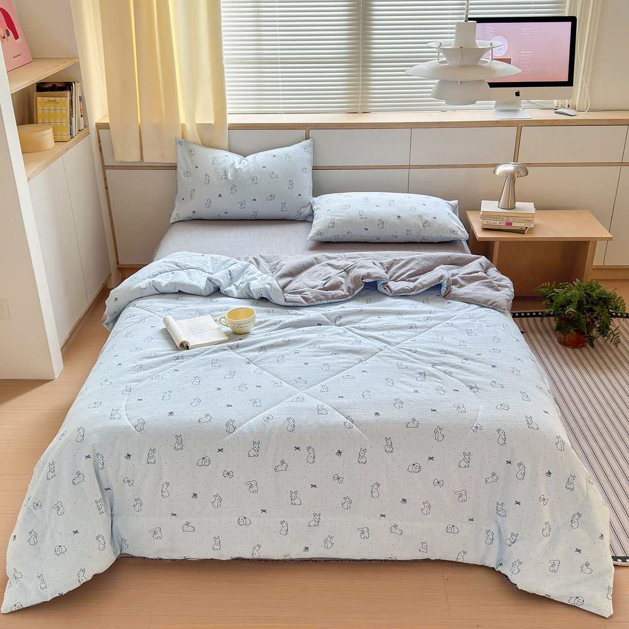 91家纺网 家纺一手货源 找家纺 老帅的工厂店 2026新款A类大豆色织提花夏被 奶蓝兔