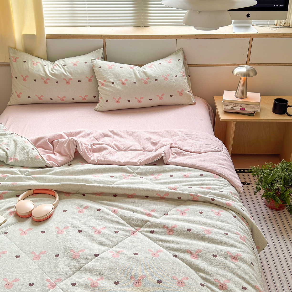 91家纺网 家纺一手货源 找家纺 老帅的工厂店 2026新款A类大豆色织提花夏被 兔心印