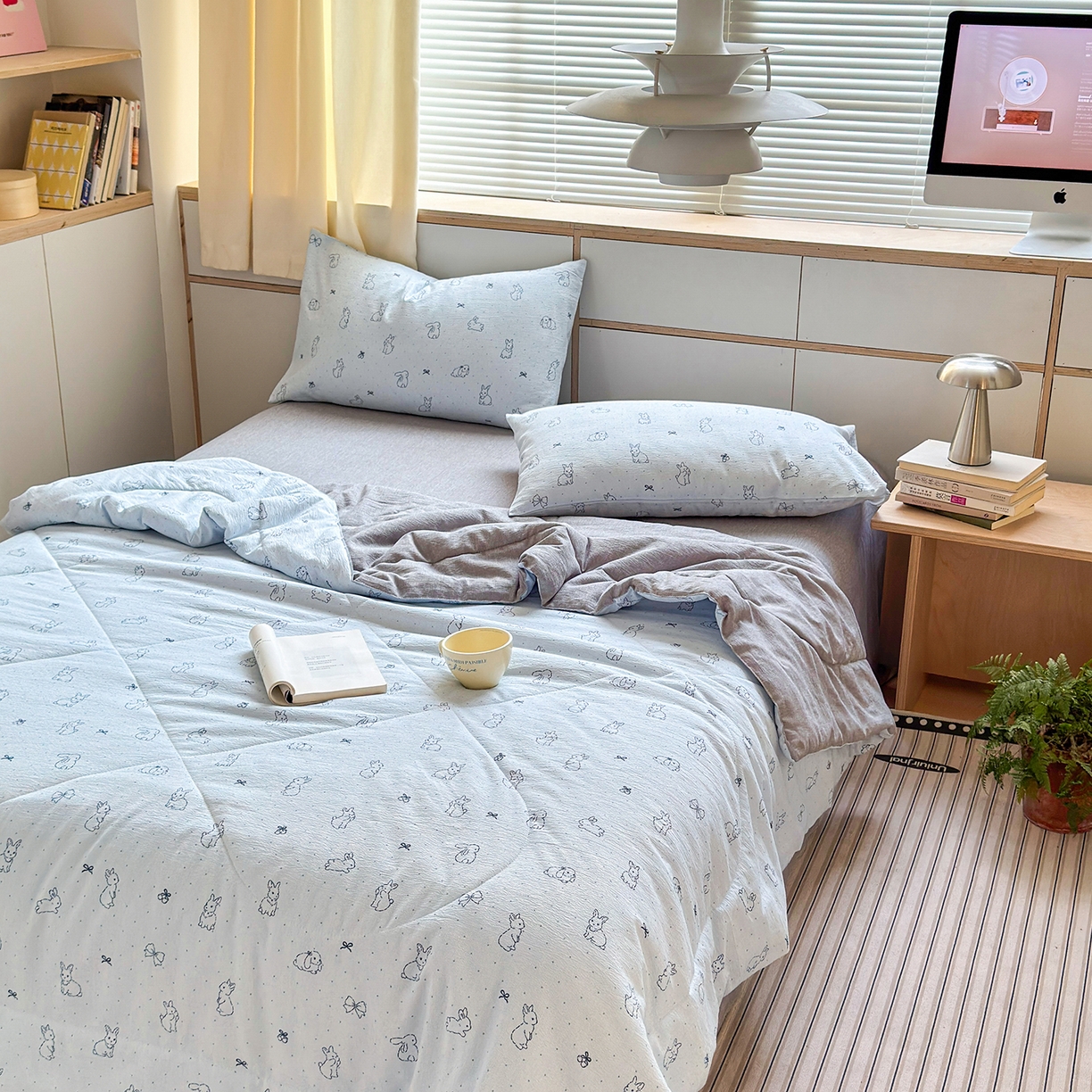 91家纺网 家纺一手货源 找家纺 老帅的工厂店 2026新款A类大豆色织提花夏被 奶蓝兔