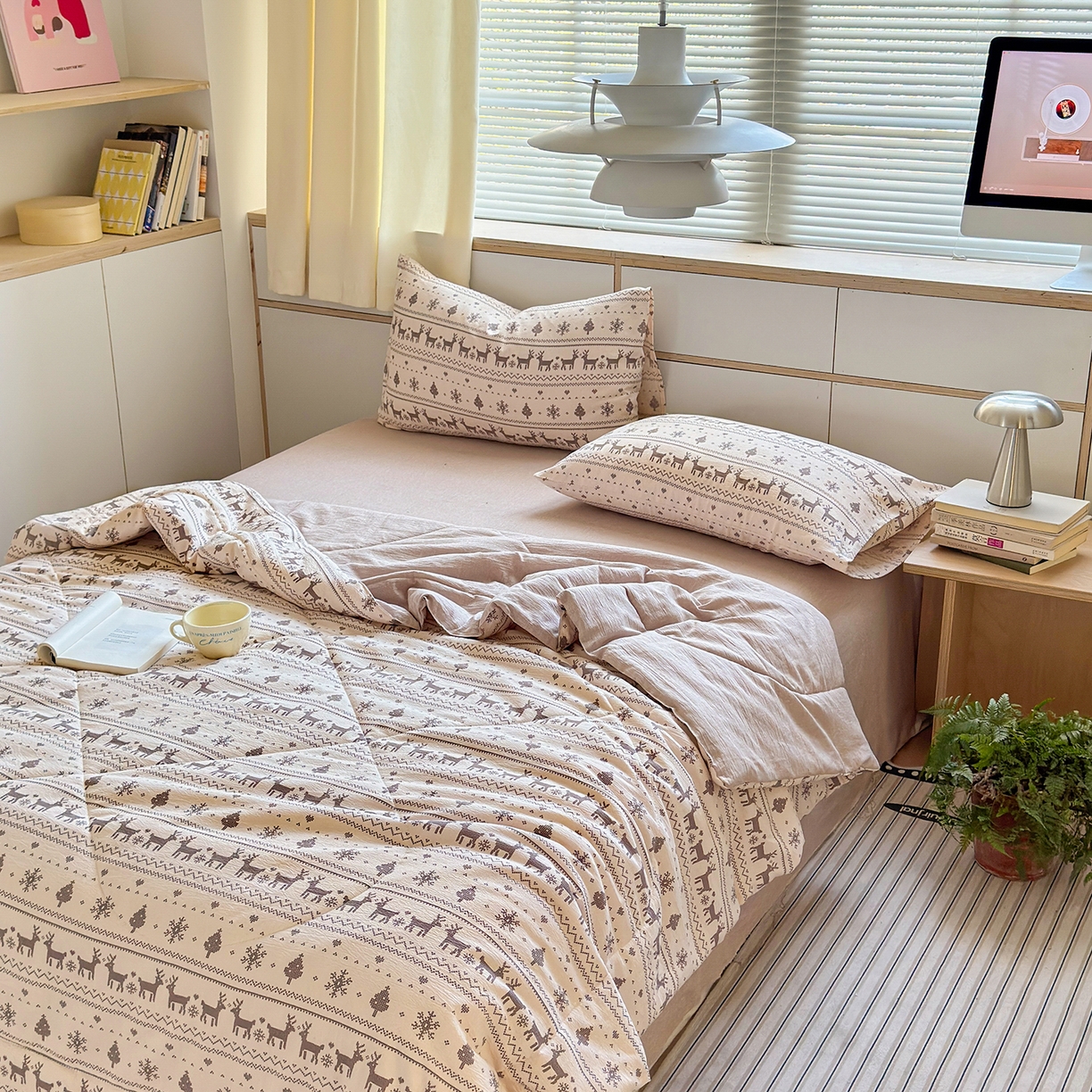 91家纺网 家纺一手货源 找家纺 老帅的工厂店 2026新款A类大豆色织提花夏被 北欧鹿织