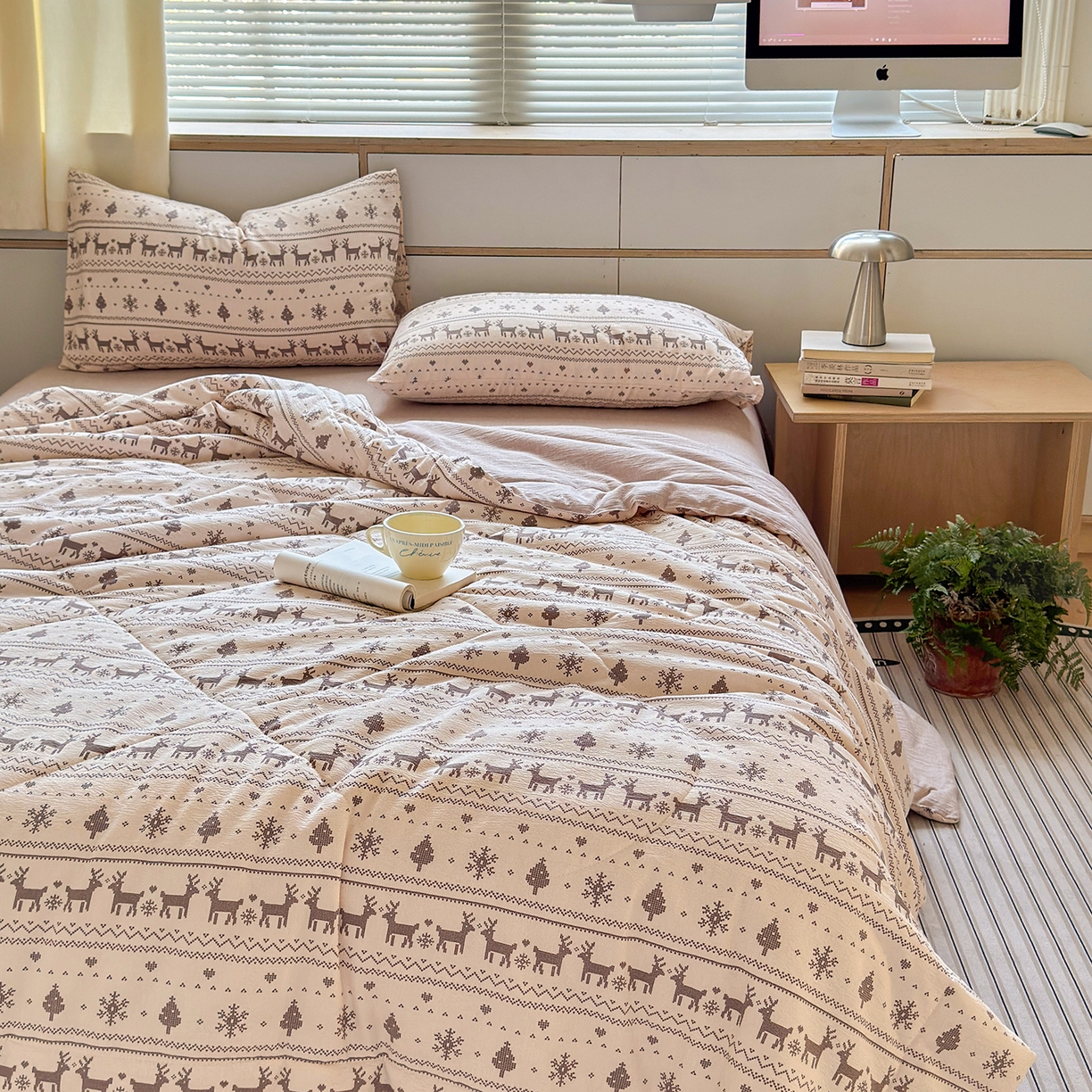 91家纺网 家纺一手货源 找家纺 老帅的工厂店 2026新款A类大豆色织提花夏被 北欧鹿织