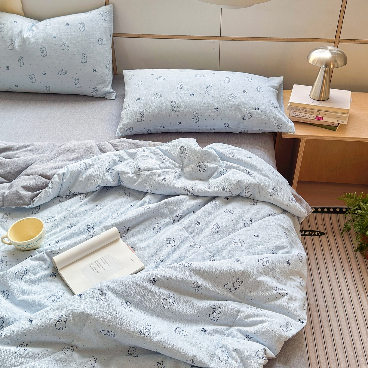 91家纺网 家纺一手货源 找家纺 老帅的工厂店 2026新款A类大豆色织提花夏被 奶蓝兔