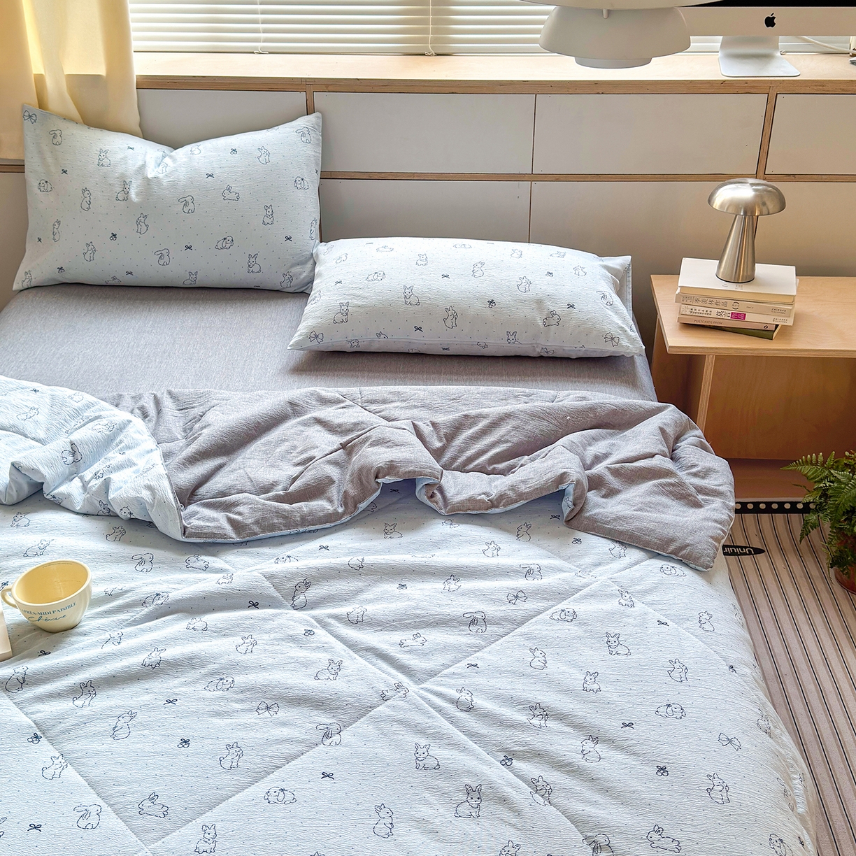 91家纺网 家纺一手货源 找家纺 老帅的工厂店 2026新款A类大豆色织提花夏被 奶蓝兔