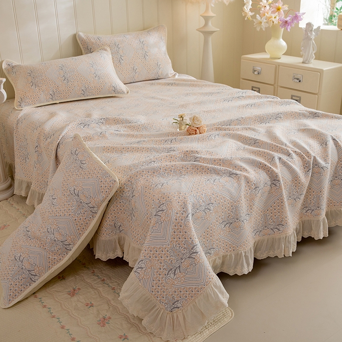 91家纺网 家纺一手货源 找家纺 （总）美达家纺 2026新款全棉色织六层纱高温砂洗花边床盖单品床盖床盖单件