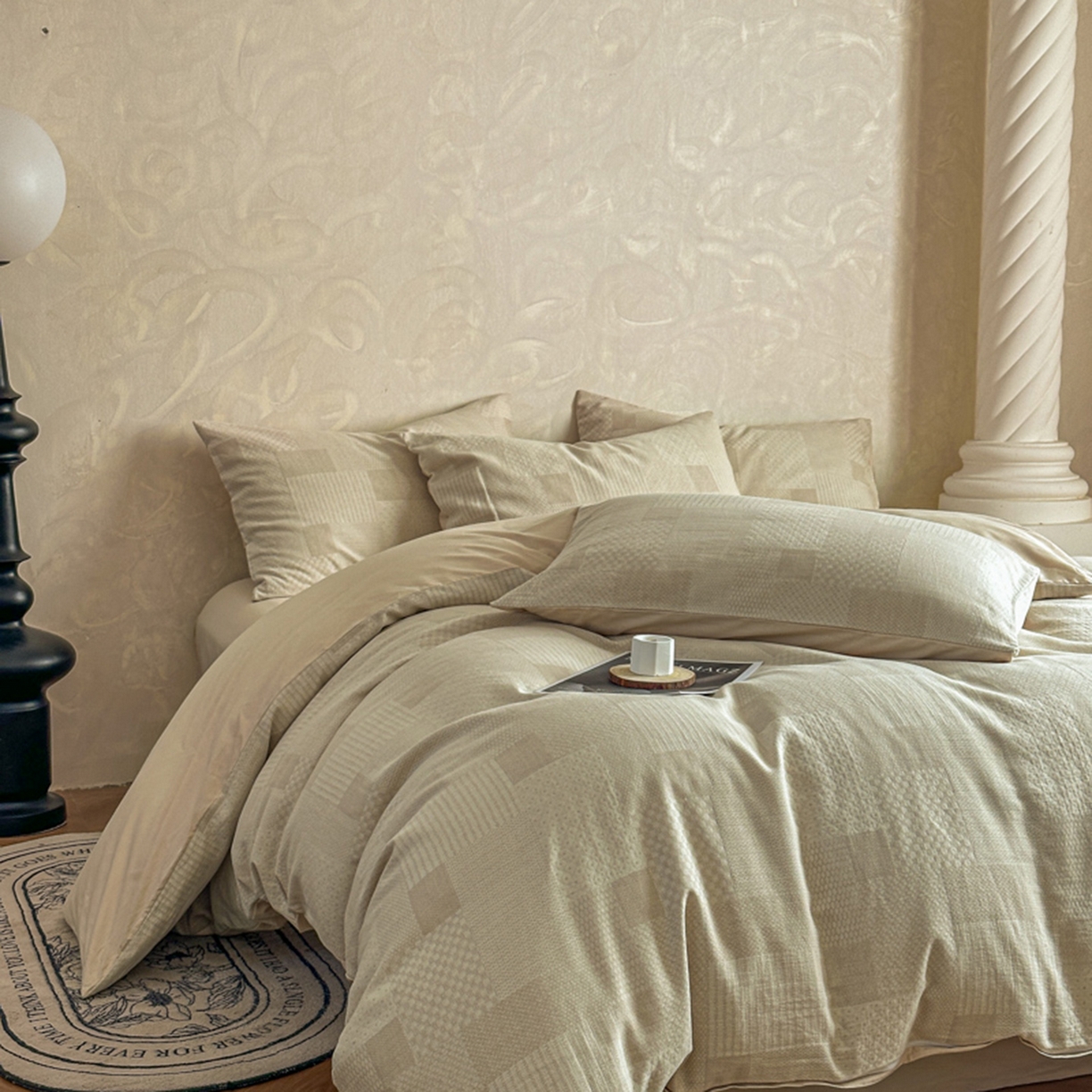 91家纺网 家纺一手货源 找家纺 田野 2026新款全棉水洗提花三层纱四件套 半糖主义 米驼