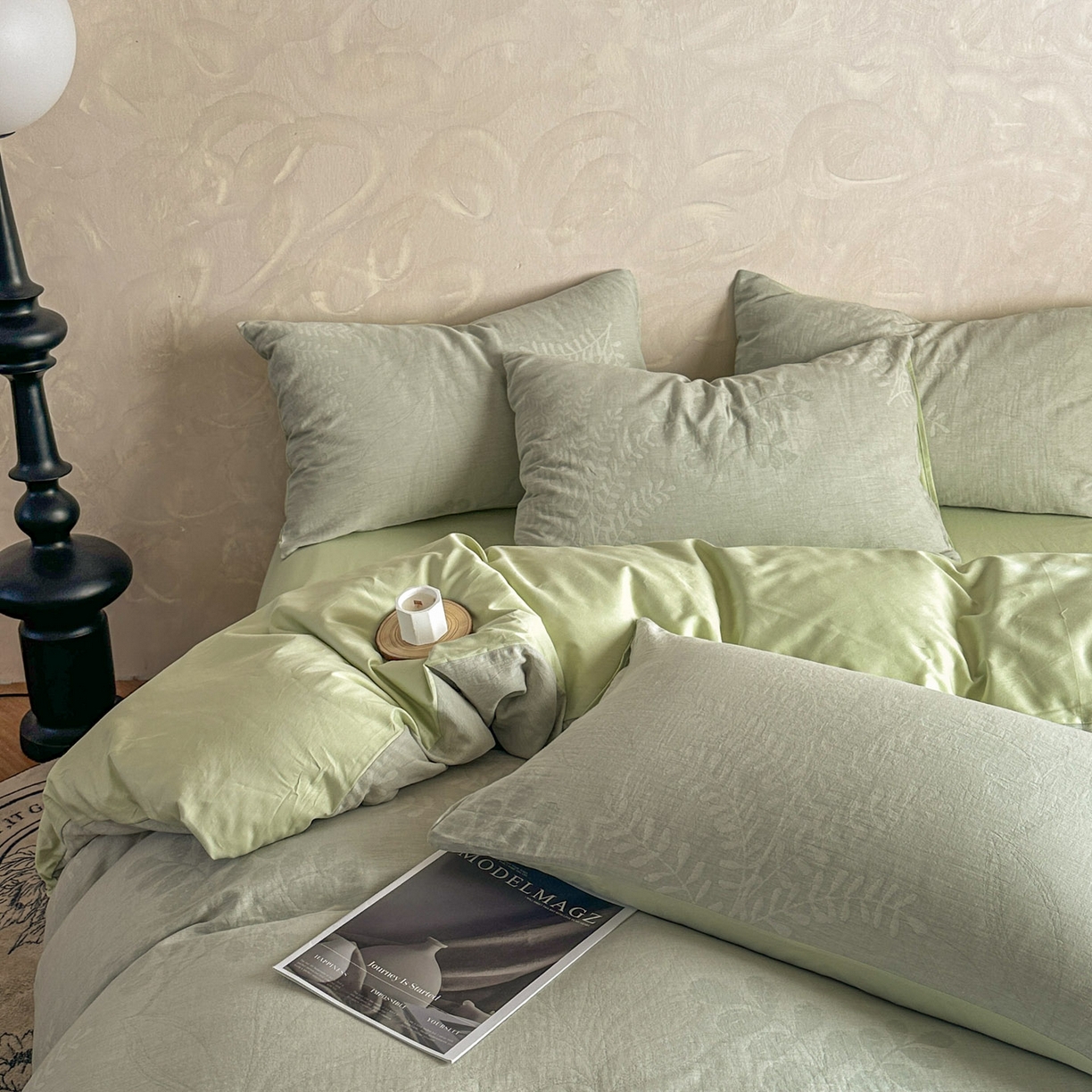 91家纺网 家纺一手货源 找家纺 田野 2026新款全棉水洗提花三层纱四件套 卡维  淡绿