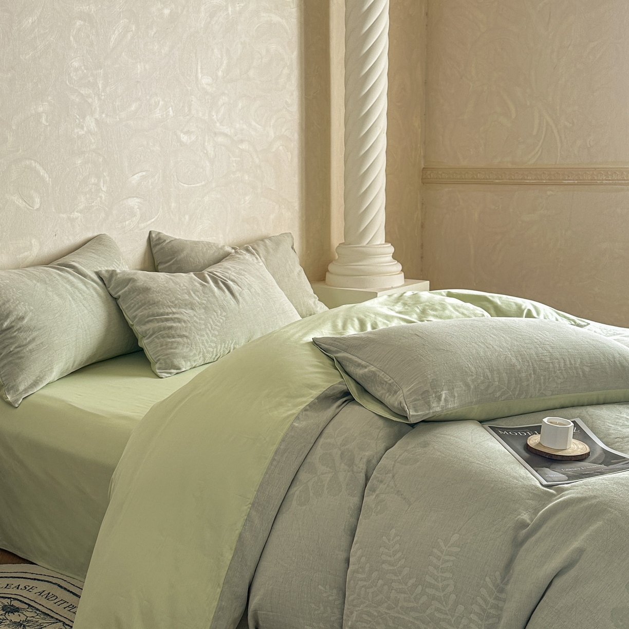 91家纺网 家纺一手货源 找家纺 田野 2026新款全棉水洗提花三层纱四件套 卡维  淡绿