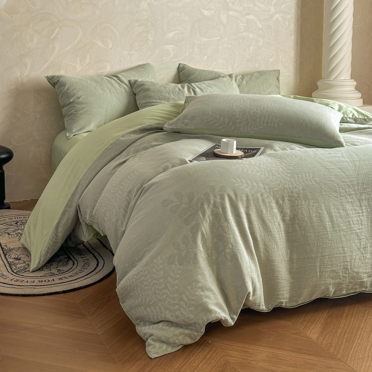 91家纺网 家纺一手货源 找家纺 田野 2026新款全棉水洗提花三层纱四件套 卡维  淡绿