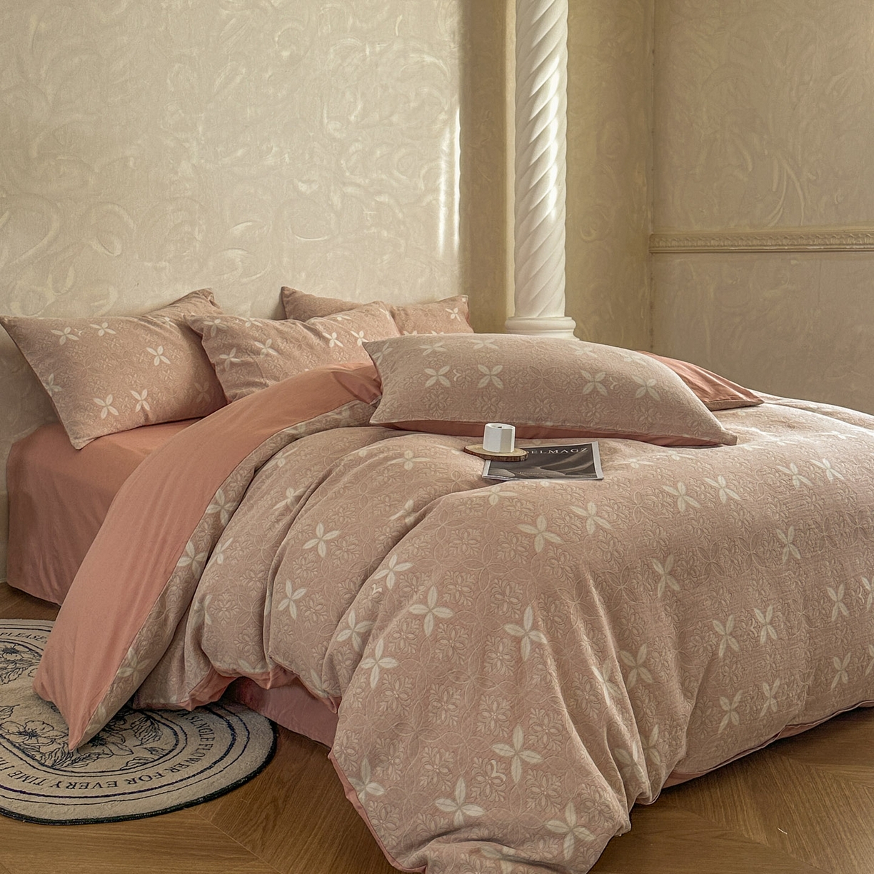 91家纺网 家纺一手货源 找家纺 田野 2026新款全棉水洗提花三层纱四件套 瑞恩 豆沙粉