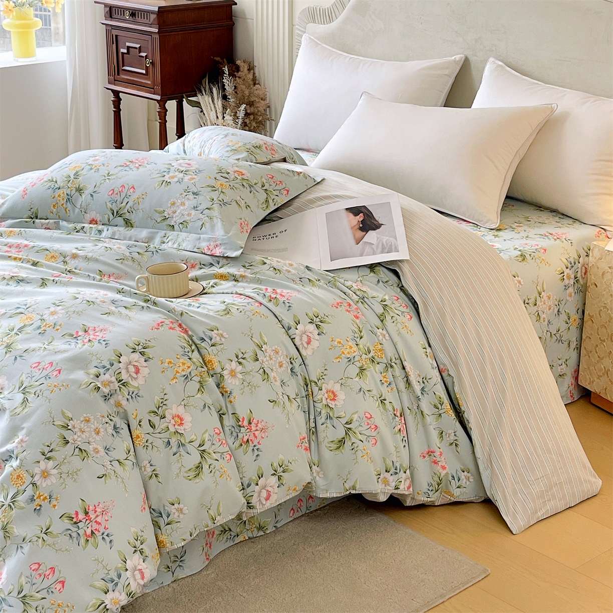 91家纺网 家纺一手货源 找家纺 宝齐莱家纺 2026新款全棉纯棉13372印花被套单被套被套单件 午后花园