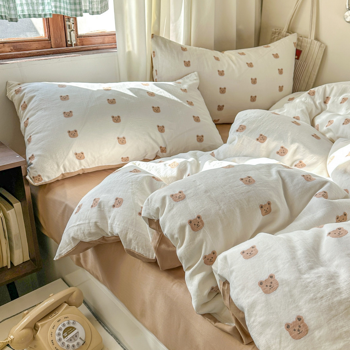 91家纺网 家纺一手货源 找家纺 田野 2026新款水洗棉提花人字小清新系列四件套 甜心熊