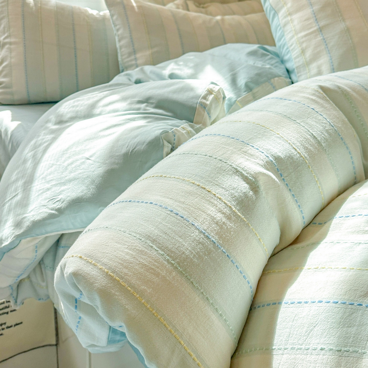 田野 2026新款水洗棉提花人字小清新系列四件套 晴空蓝条