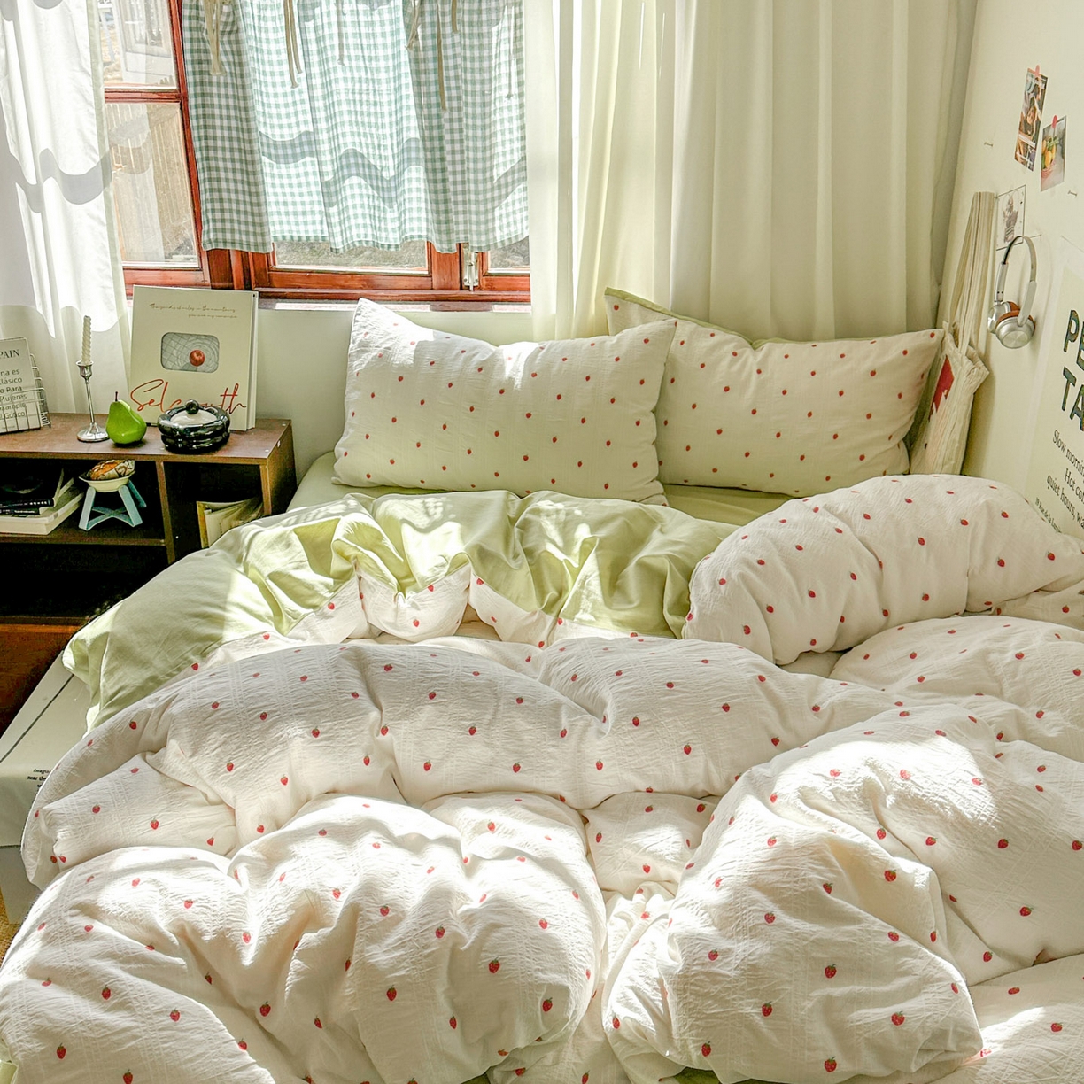 91家纺网 家纺一手货源 找家纺 田野 2026新款水洗棉提花人字小清新系列四件套 草莓奶绿