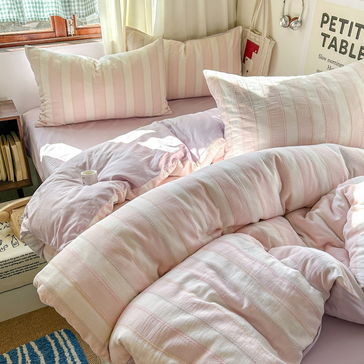 91家纺网 家纺一手货源 找家纺 田野 2026新款水洗棉提花人字小清新系列四件套 粉雾细条