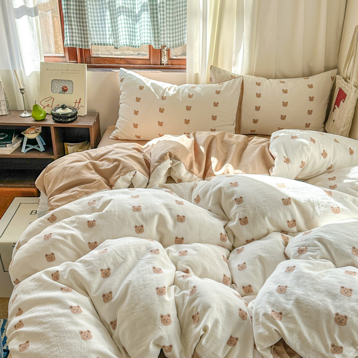91家纺网 家纺一手货源 找家纺 田野 2026新款水洗棉提花人字小清新系列四件套 甜心熊