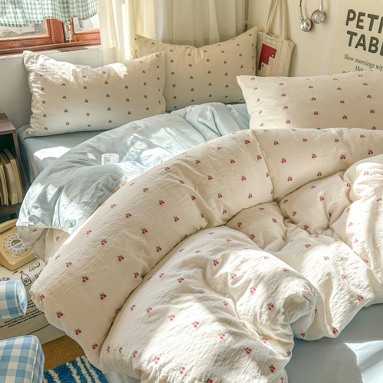 91家纺网 家纺一手货源 找家纺 田野 2026新款水洗棉提花人字小清新系列四件套 红樱漾蓝