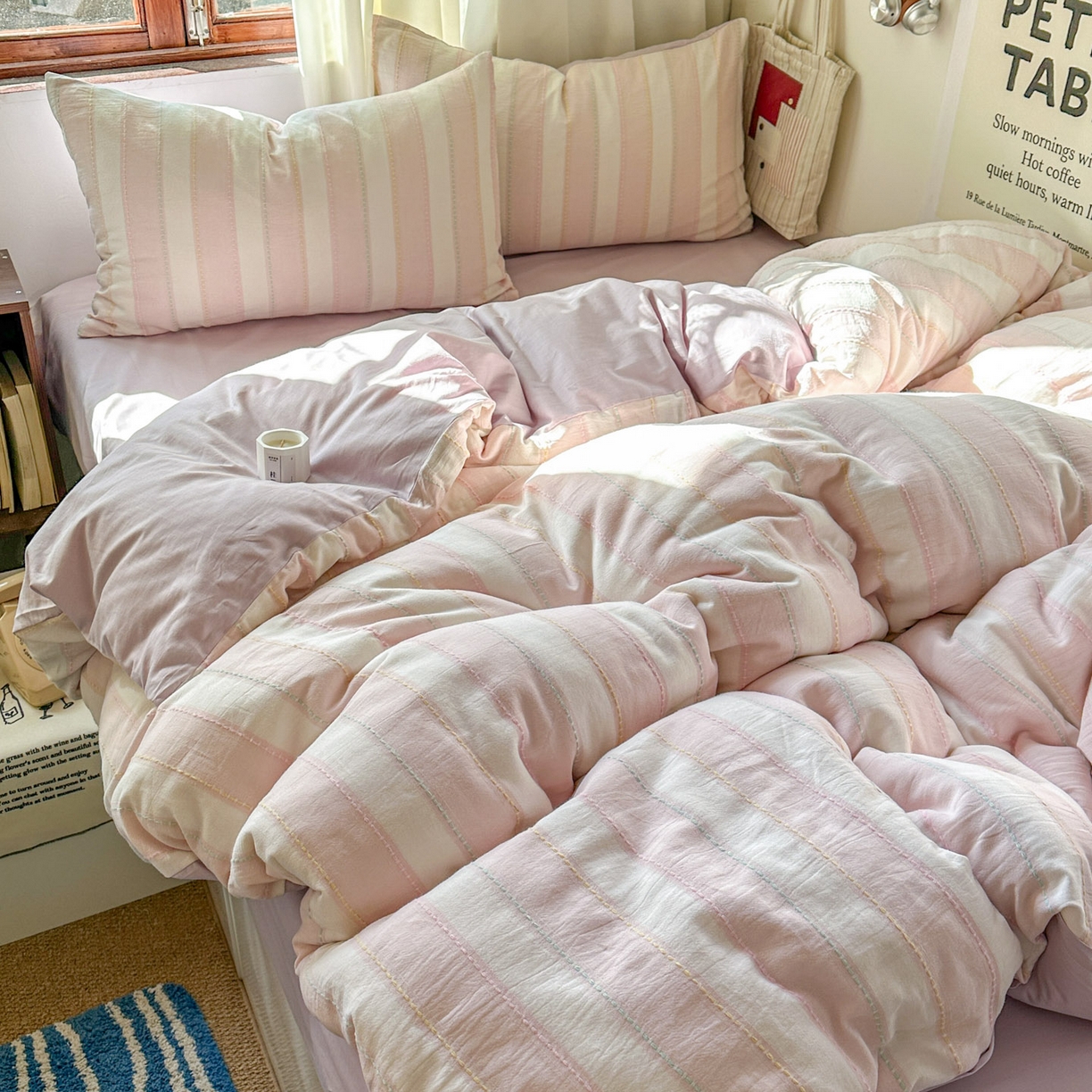 91家纺网 家纺一手货源 找家纺 田野 2026新款水洗棉提花人字小清新系列四件套 粉雾细条