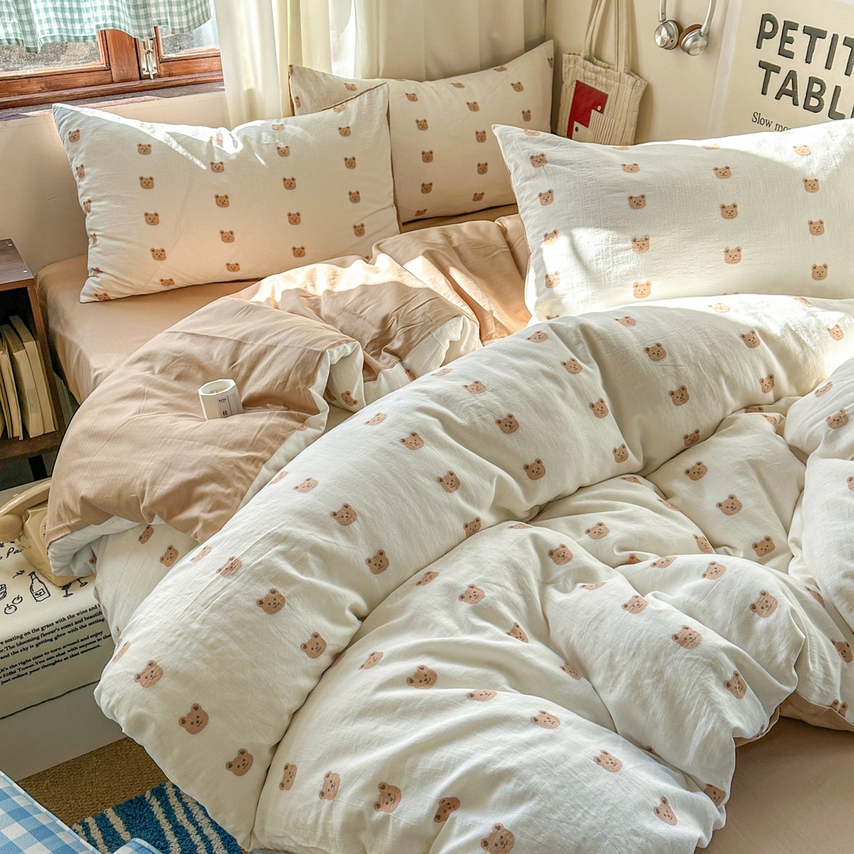 91家纺网 家纺一手货源 找家纺 田野 2026新款水洗棉提花人字小清新系列四件套 甜心熊