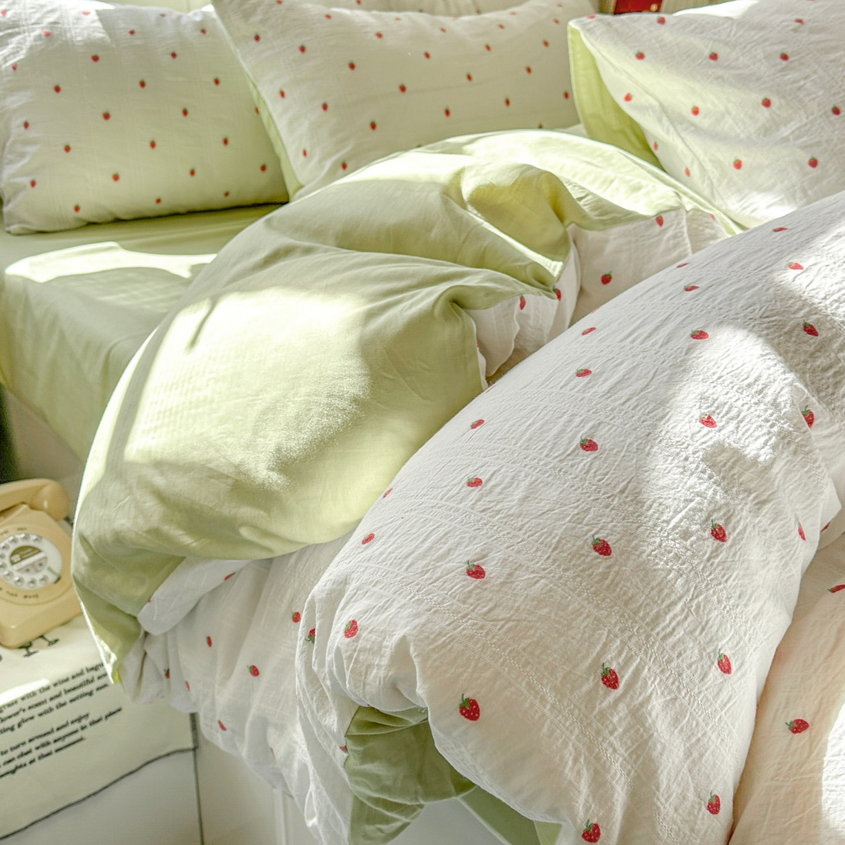 田野 2026新款水洗棉提花人字小清新系列四件套 草莓奶绿