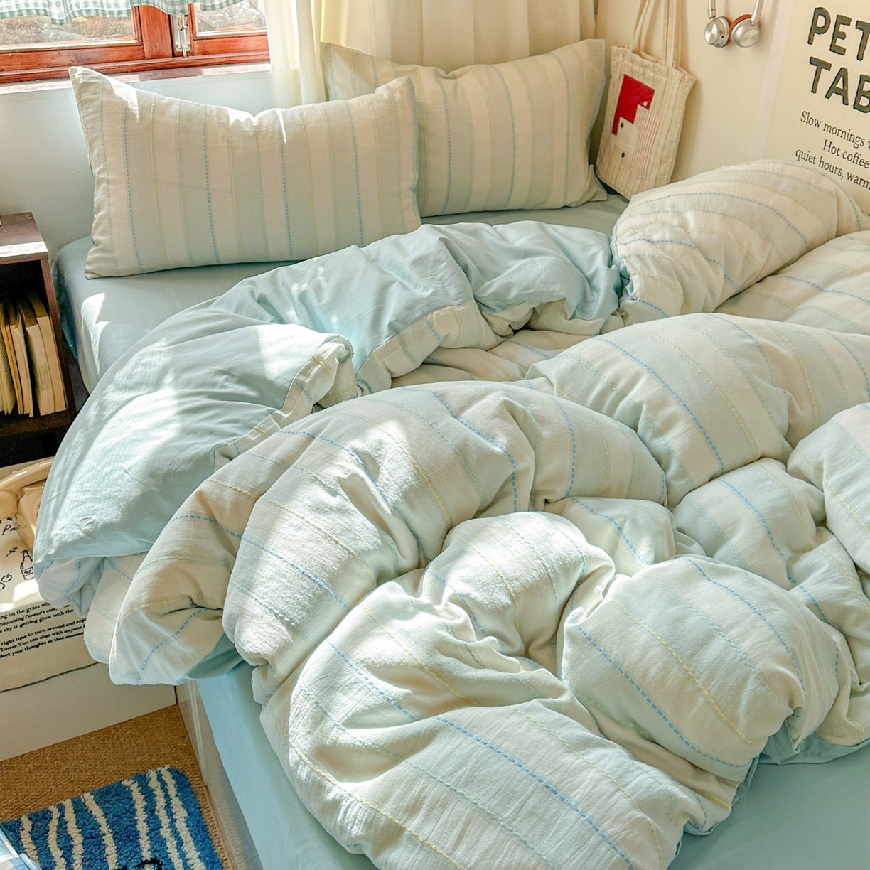 91家纺网 家纺一手货源 找家纺 田野 2026新款水洗棉提花人字小清新系列四件套 晴空蓝条