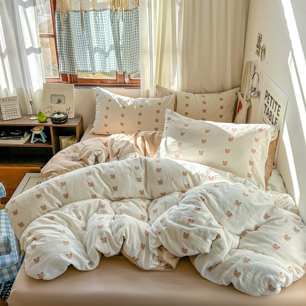 91家纺网 家纺一手货源 找家纺 田野 2026新款水洗棉提花人字小清新系列四件套 甜心熊