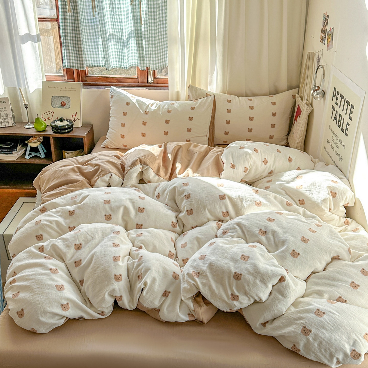 91家纺网 家纺一手货源 找家纺 田野 2026新款水洗棉提花人字小清新系列四件套 甜心熊