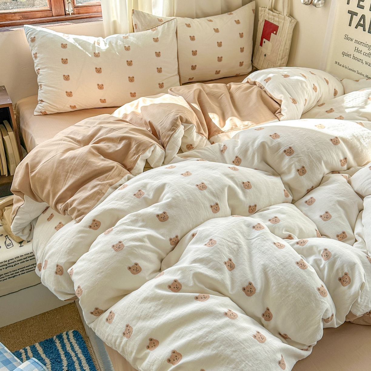 91家纺网 家纺一手货源 找家纺 田野 2026新款水洗棉提花人字小清新系列四件套 甜心熊