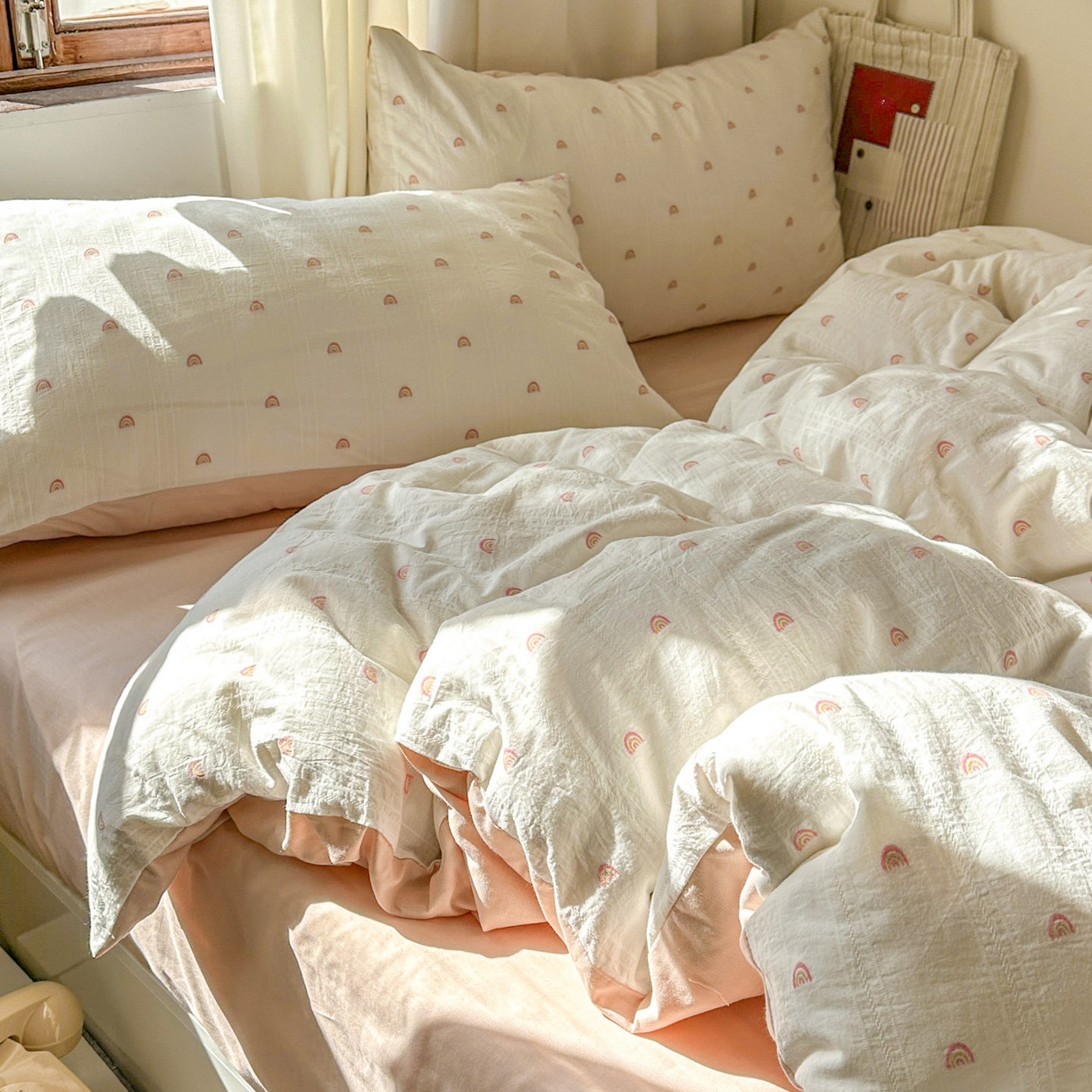 91家纺网 家纺一手货源 找家纺 田野 2026新款水洗棉提花人字小清新系列四件套 彩虹糖