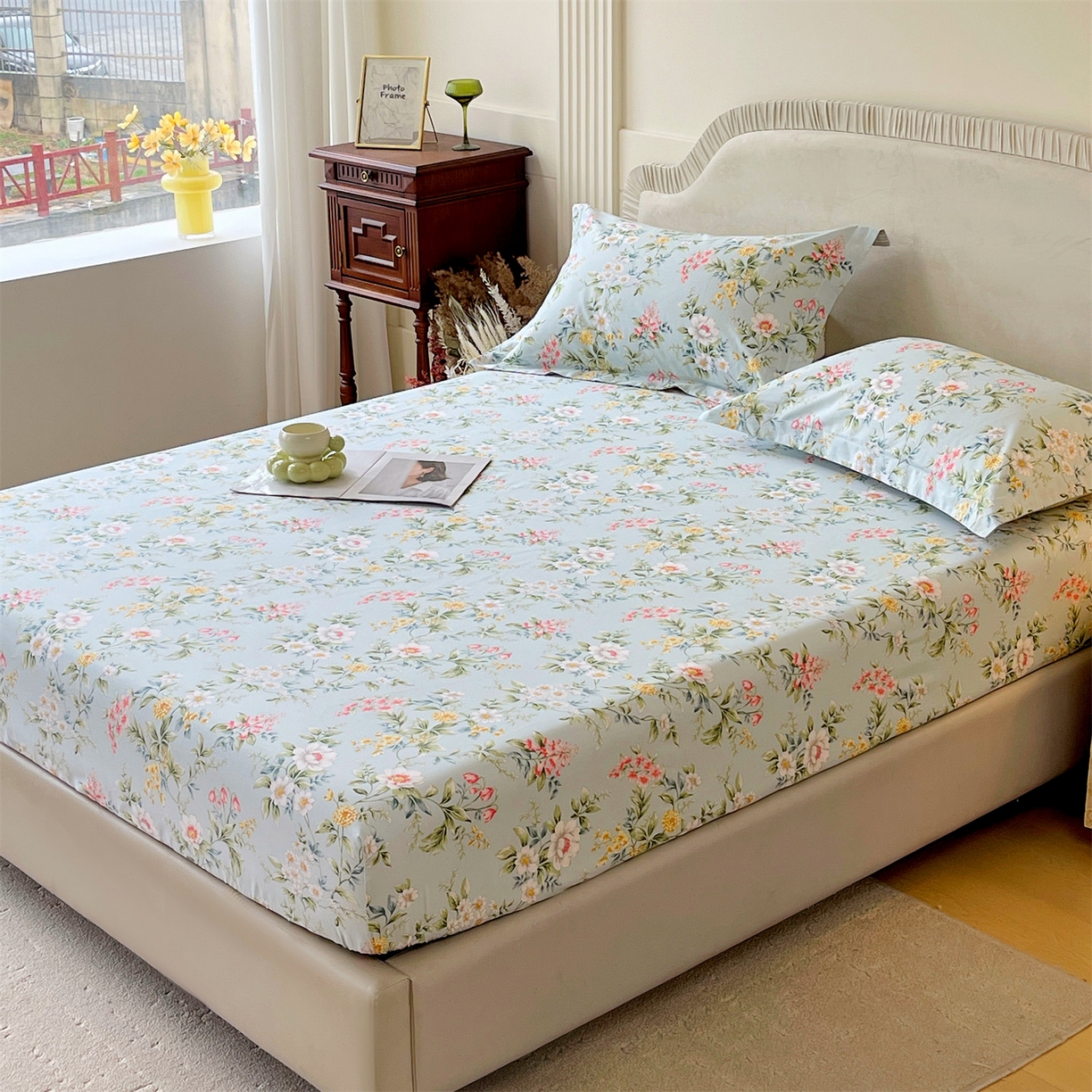 91家纺网 家纺一手货源 找家纺 宝齐莱家纺 2026新款全棉纯棉13372印花单床笠床笠单件 午后花园