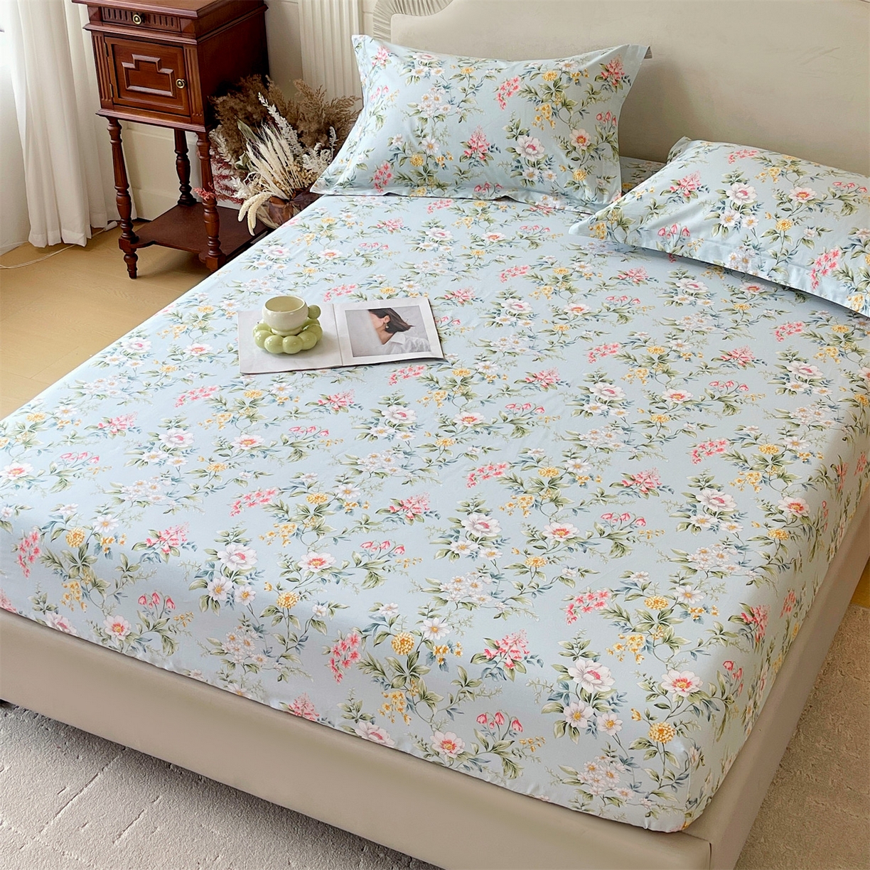 91家纺网 家纺一手货源 找家纺 宝齐莱家纺 2026新款全棉纯棉13372印花单床笠床笠单件 午后花园