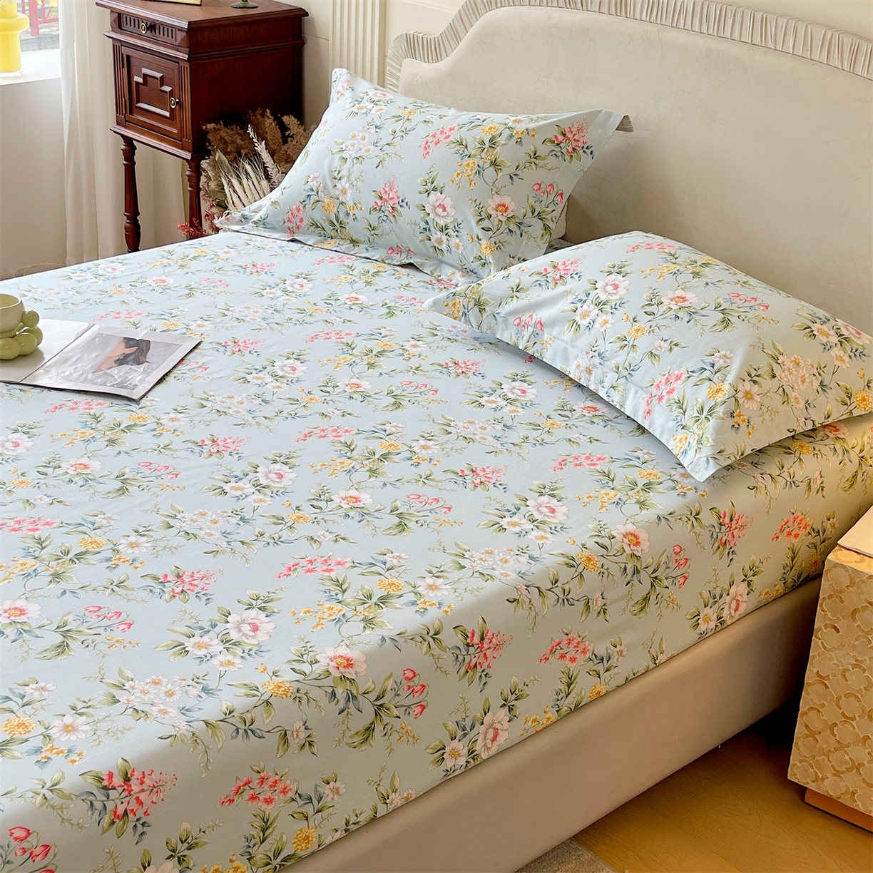 91家纺网 家纺一手货源 找家纺 宝齐莱家纺 2026新款全棉纯棉13372印花单床笠床笠单件 午后花园