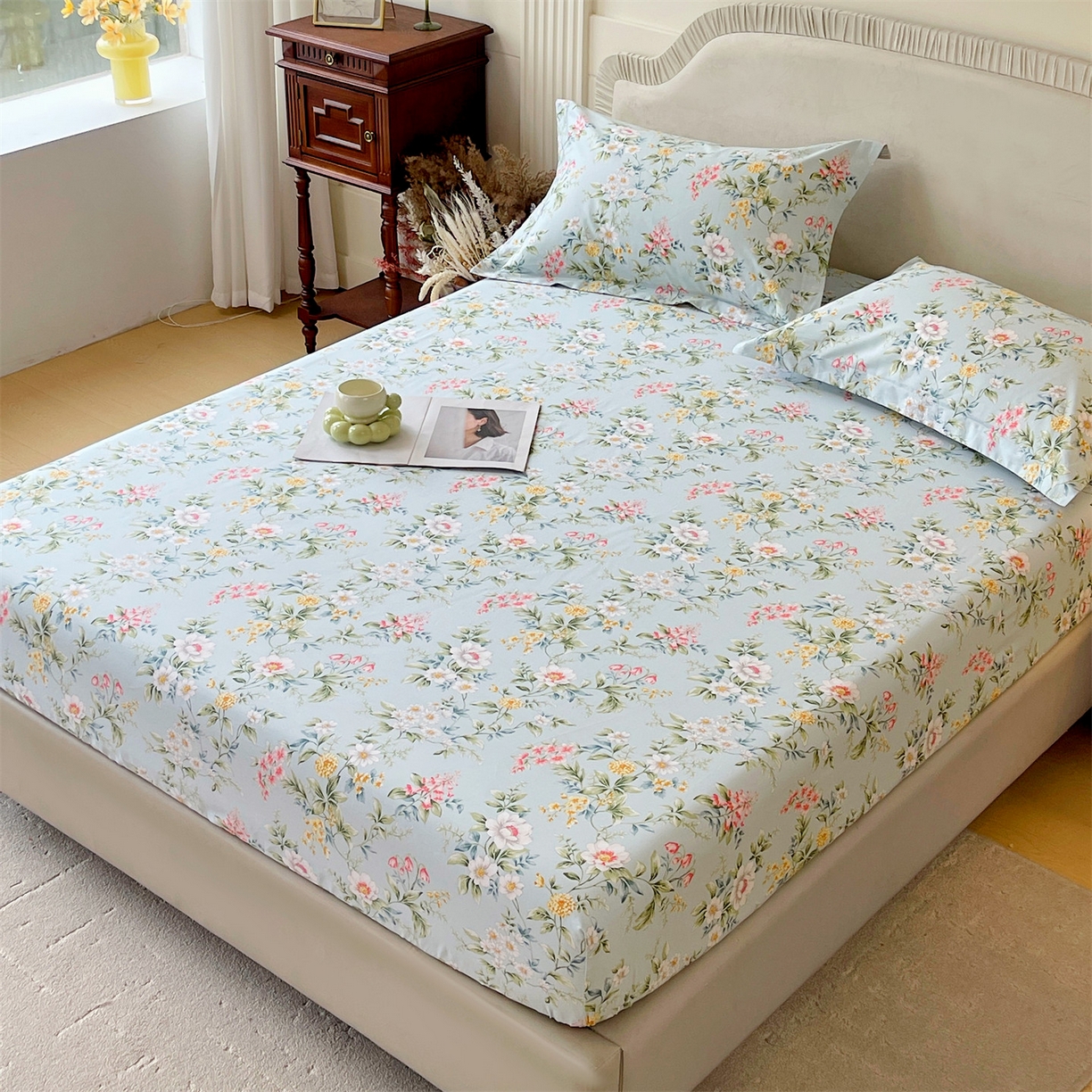 91家纺网 家纺一手货源 找家纺 宝齐莱家纺 2026新款全棉纯棉13372印花单床笠床笠单件 午后花园