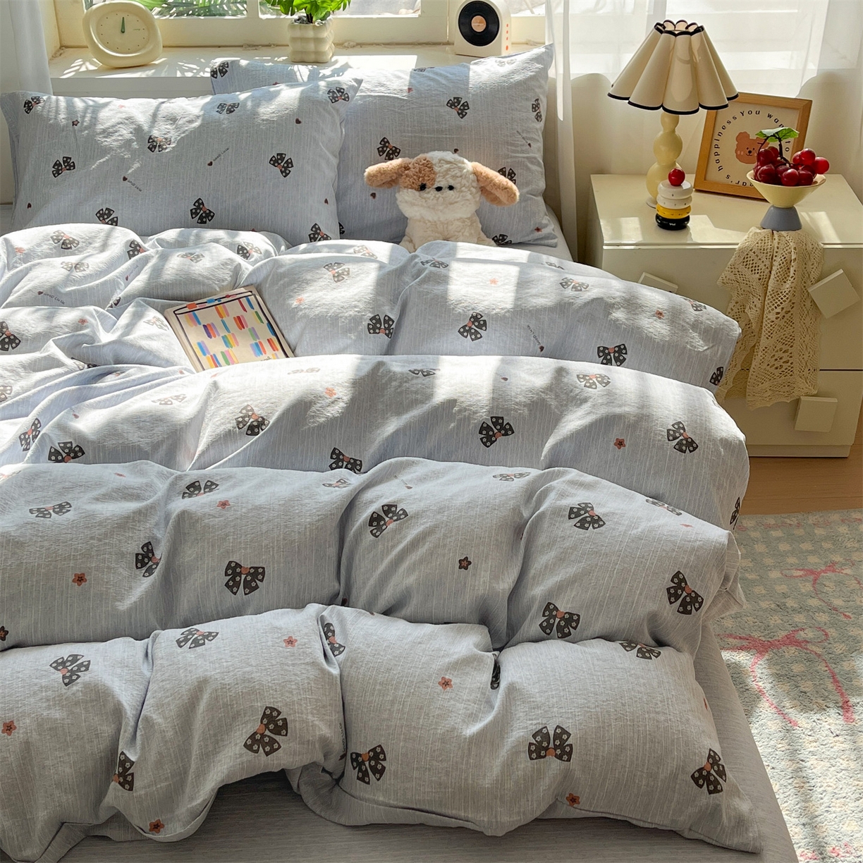 91家纺网 家纺一手货源 找家纺 盛秋家纺 2026春夏新款亲肤舒适色织四件套-洛基系列 好运结+牛仔蓝