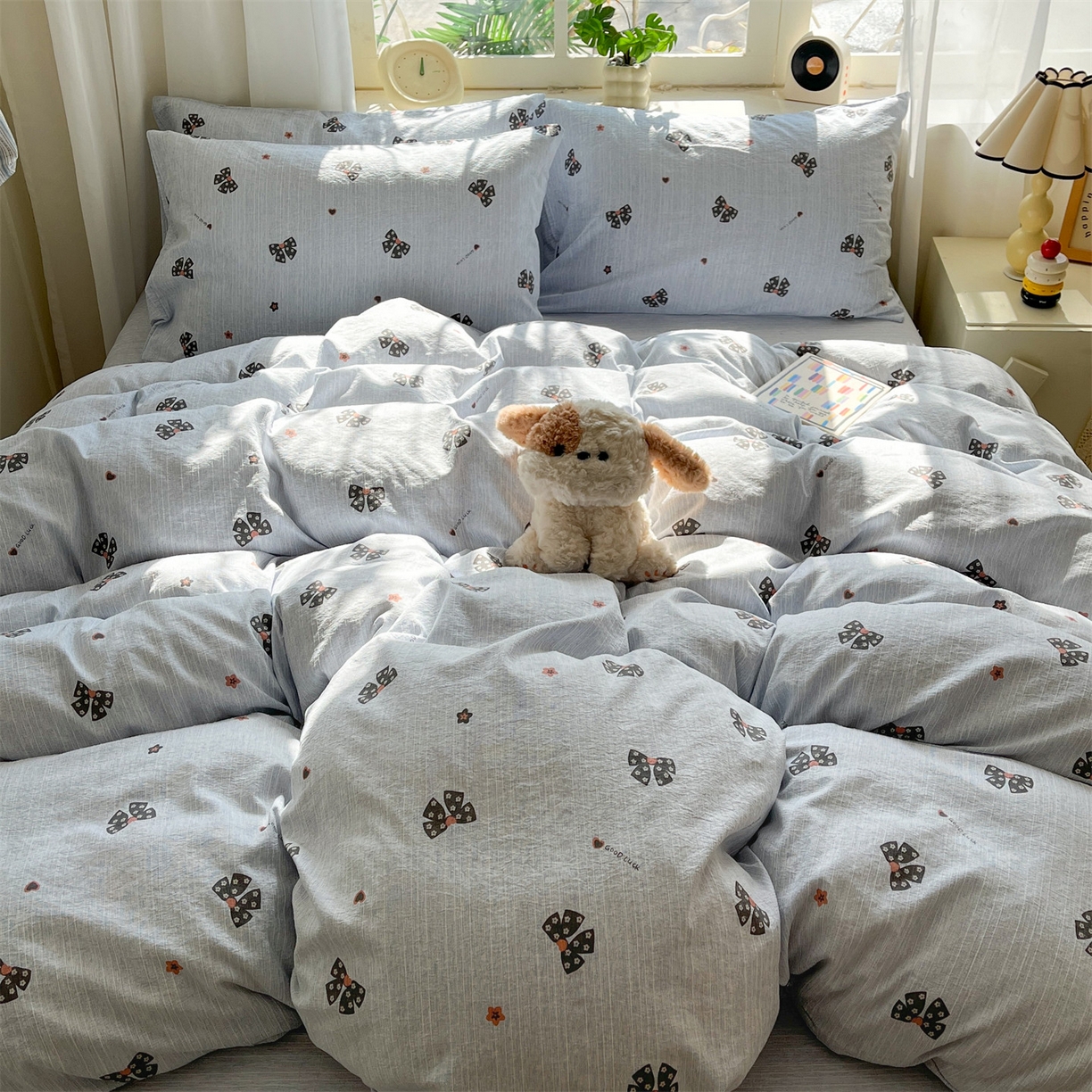 91家纺网 家纺一手货源 找家纺 盛秋家纺 2026春夏新款亲肤舒适色织四件套-洛基系列 好运结+牛仔蓝