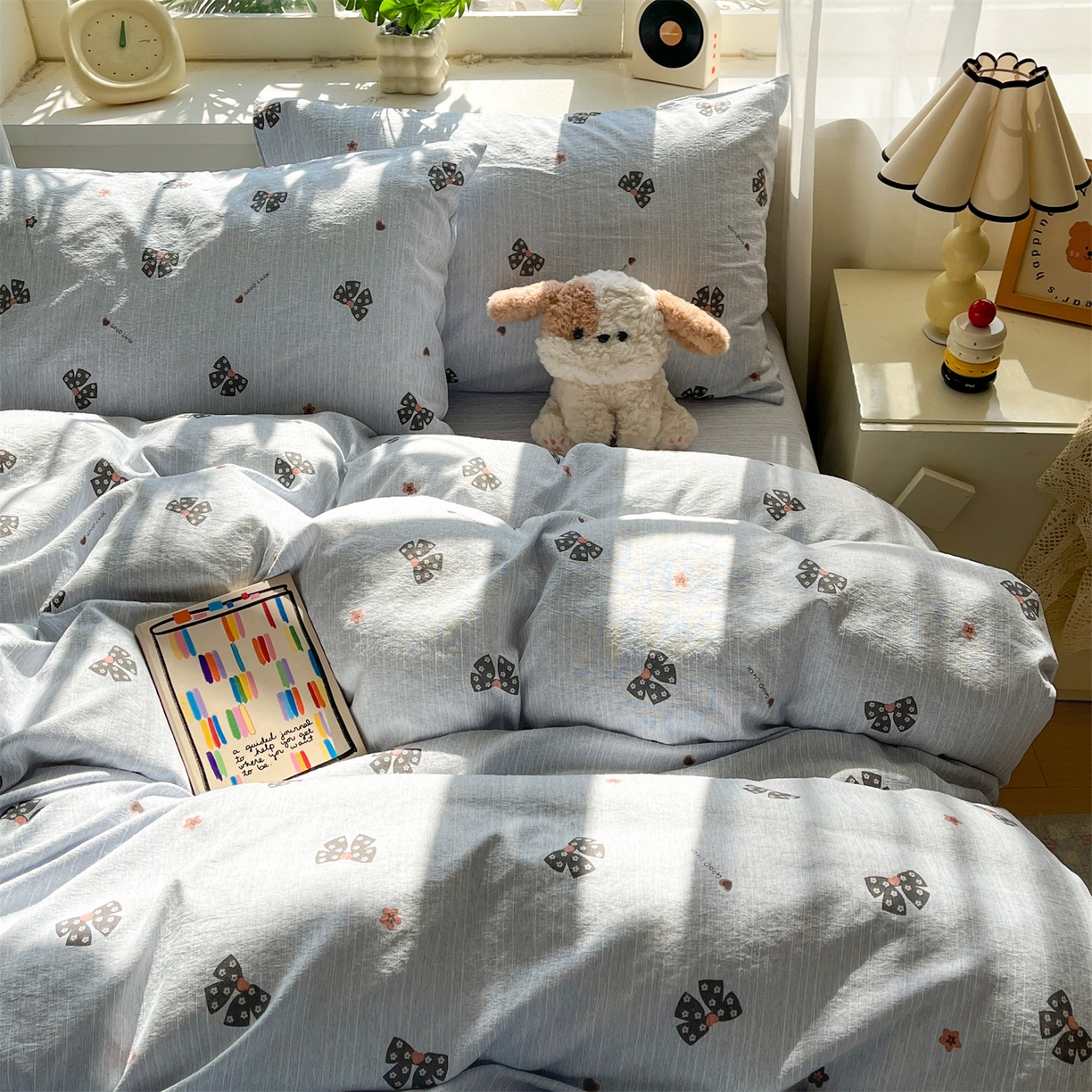 91家纺网 家纺一手货源 找家纺 盛秋家纺 2026春夏新款亲肤舒适色织四件套-洛基系列 好运结+牛仔蓝